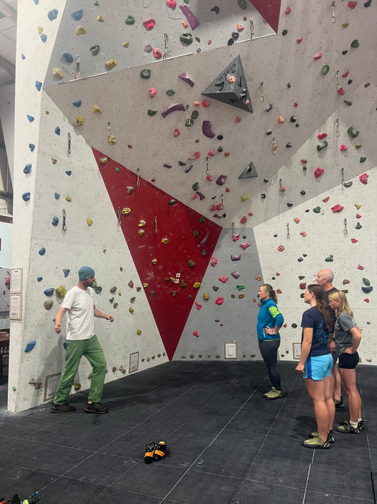 Indoor group climbing session Indi climbing wall Anglesey.
